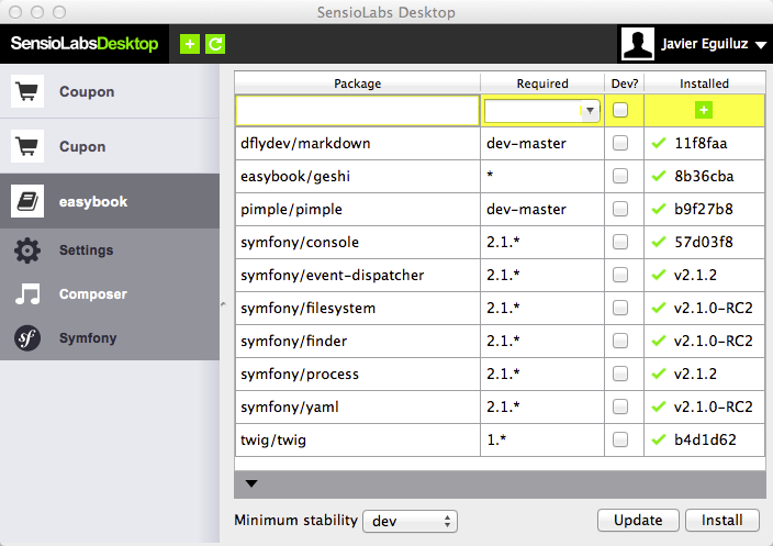 "SensioLabs Desktop: configuración de la aplicación"